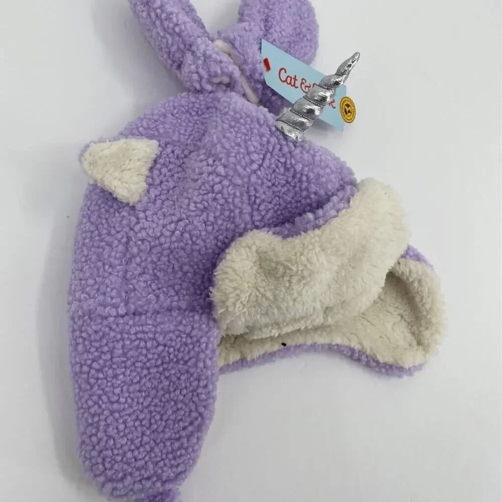 Cat & Jack Girls Baby Unicorn Beanie Purple Fleece Ear Flaps 6-12 Months New
